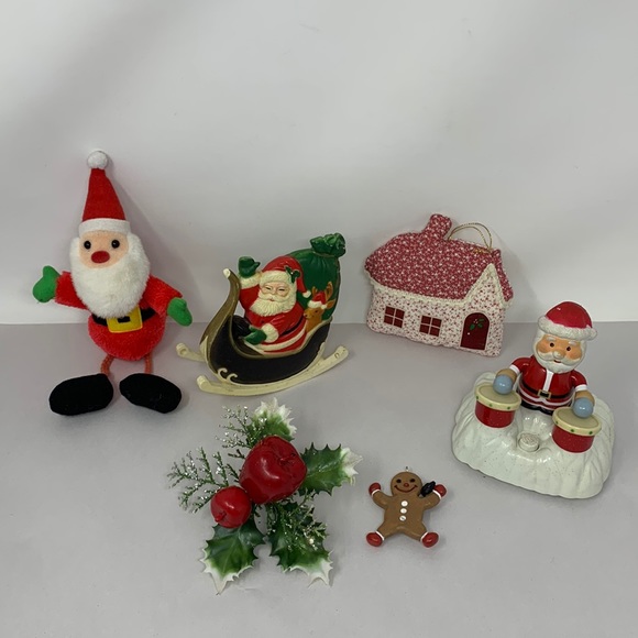Vintage Other - 6 pc vintage Christmas decorations mixed lot / Santas, fabric cottage & more!